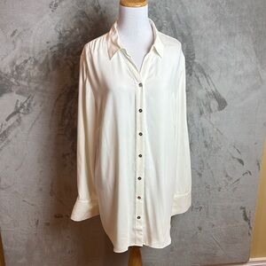 Chico’s Button Front Pleated Back Tunic Top Sz 3 (XL/16) Ivory Long Sleeve